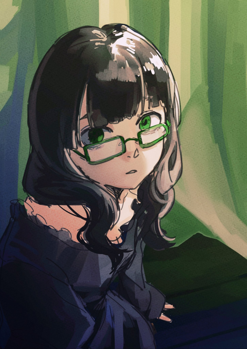 1girl, black_dress, black_hair, black_rock_shooter, dead_master, dress, green-framed_eyewear, green_eyes