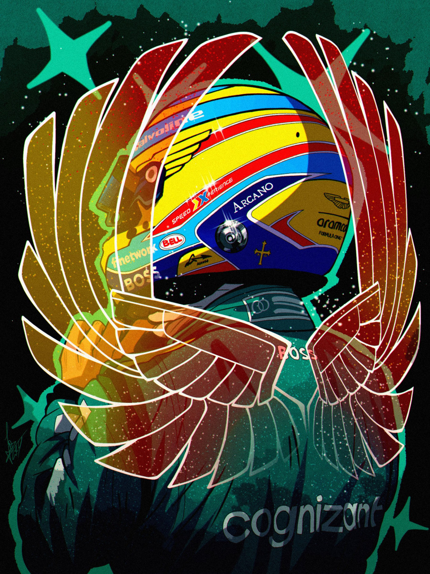 1boy, absurdres, commentary, fernando_alonso, formula_one, from_behind, glint, green_jacket, highres, hologram, jacket, male_focus, racing_suit, real_life, schumisnoopy, solo, sparkle, sponsor, star_(sky), symbol-only_commentary, wings