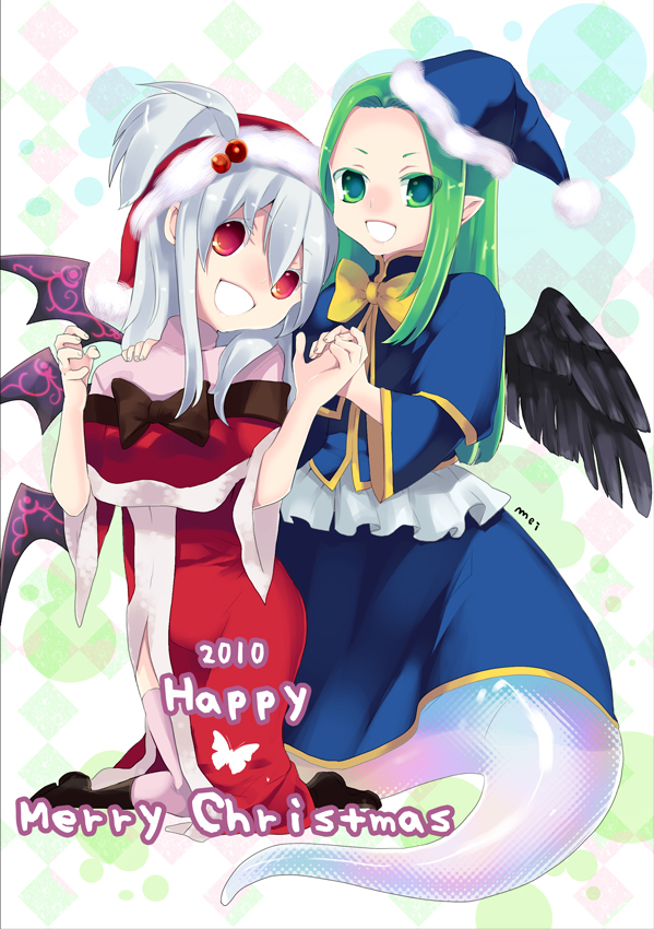 2girls, capelet, goddess, green_eyes, green_hair, hair_bobbles, hair_ornament, hat, long_hair, mima, multiple_girls, narumi_yuka, red_eyes, shinki, side_ponytail, silver_hair, touhou, touhou_(pc-98), wings
