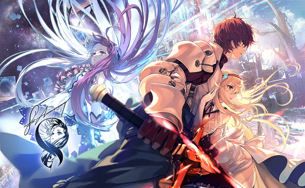 1boy, 2girls, agatha_(ta_ga_tame_no_alchemist), anniversary, arm_guards, armor, blonde_hair, blue_eyes, commentary_request, dress, floating_hair, gloves, hand_on_another's_chest, holding, holding_sword, holding_weapon, logi_crowley, long_hair, multicolored_hair, multiple_girls, neck_ribbon, official_art, ouroboros_(ta_ga_tame_no_alchemist), profile, purple_hair, redhead, ribbon, second-party_source, short_hair, sword, ta_ga_tame_no_alchemist, two-tone_hair, weapon, white_dress
