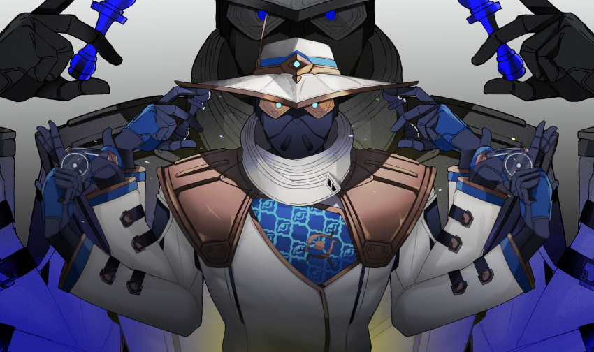 1boy, blue_eyes, chess_piece, cypher_(valorant), extra_arms, hat, highres, holding