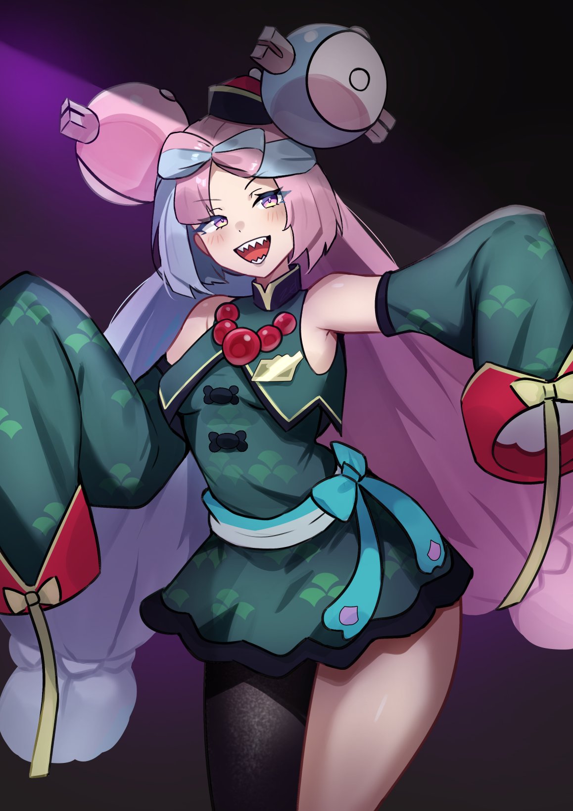 1girl, :d, bare_shoulders, black_pantyhose, blue_hair, bow-shaped_hair, character_hair_ornament, cowboy_shot