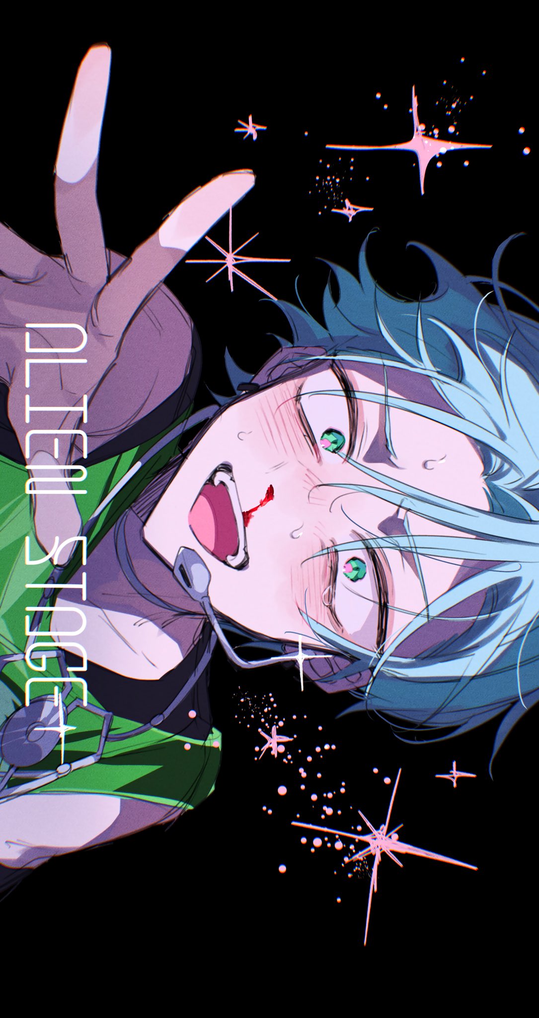 1boy, alien_stage, black_background, blood, commentary, english_text, green_eyes, green_tank_top, hair_between_eyes, hashtag-only_commentary, highres, kikurage_ii, male_focus, nosebleed, open_mouth, portrait, reaching, reaching_towards_viewer, short_hair, sideways, silver_choker, simple_background, smile, solo, sweat, tank_top, till_(alien_stage), very_short_hair
