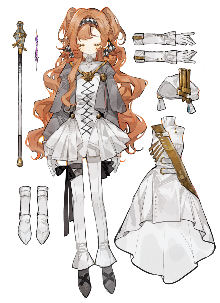 1girl, absurdres, beret, checkered_hairband, closed_eyes, collared_dress, dress, equipment_layout