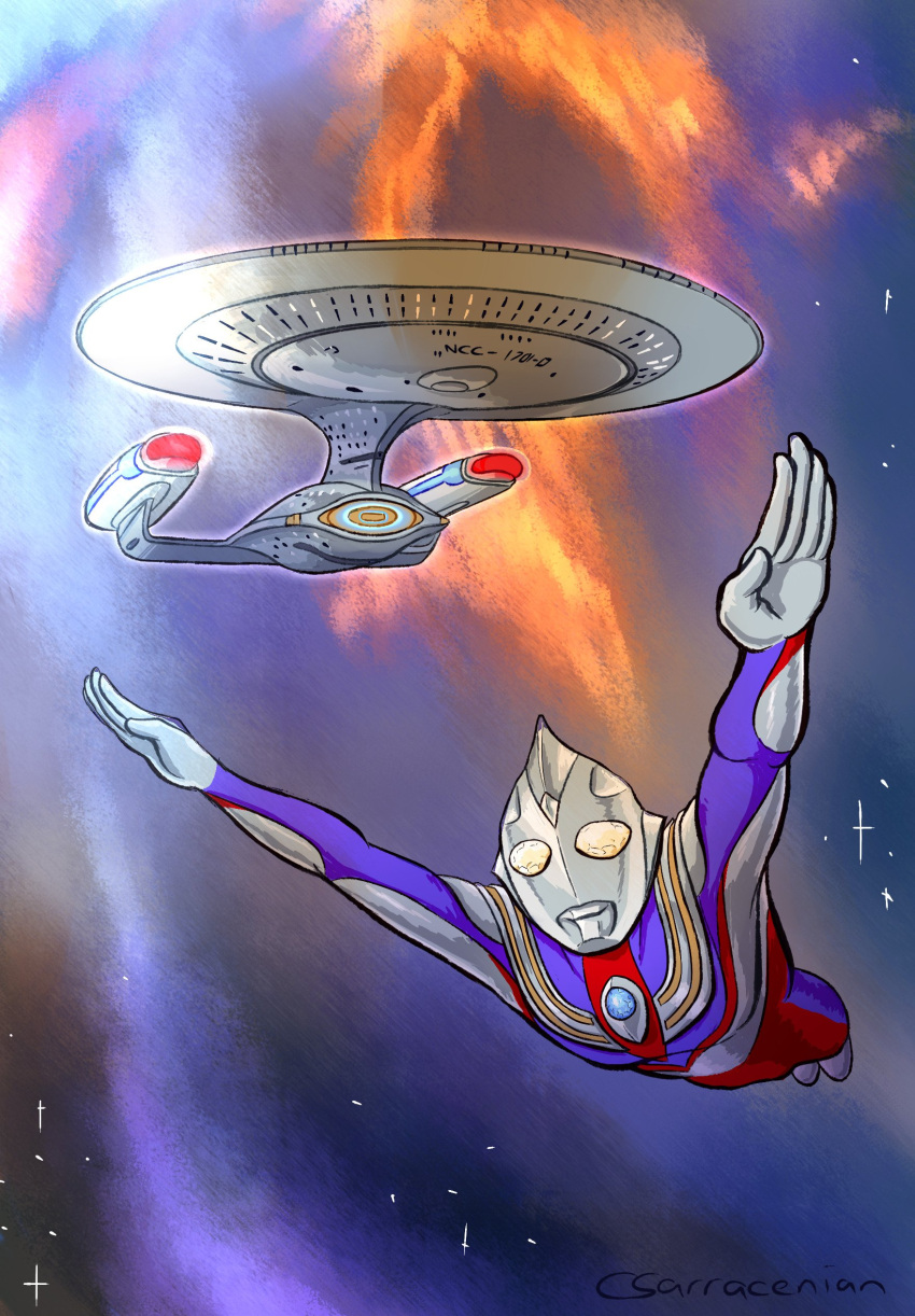 1boy, absurdres, alien, alt_text, artist_name, commentary, crossover, english_commentary, flying, highres, nebula, sarracenian, space, spacecraft, star_(sky), star_trek, star_trek:_the_next_generation, tokusatsu, ultra_series, ultraman_tiga, ultraman_tiga_(series), uss_enterprise_(star_trek), uss_enterprise_ncc-1701-d, yellow_eyes