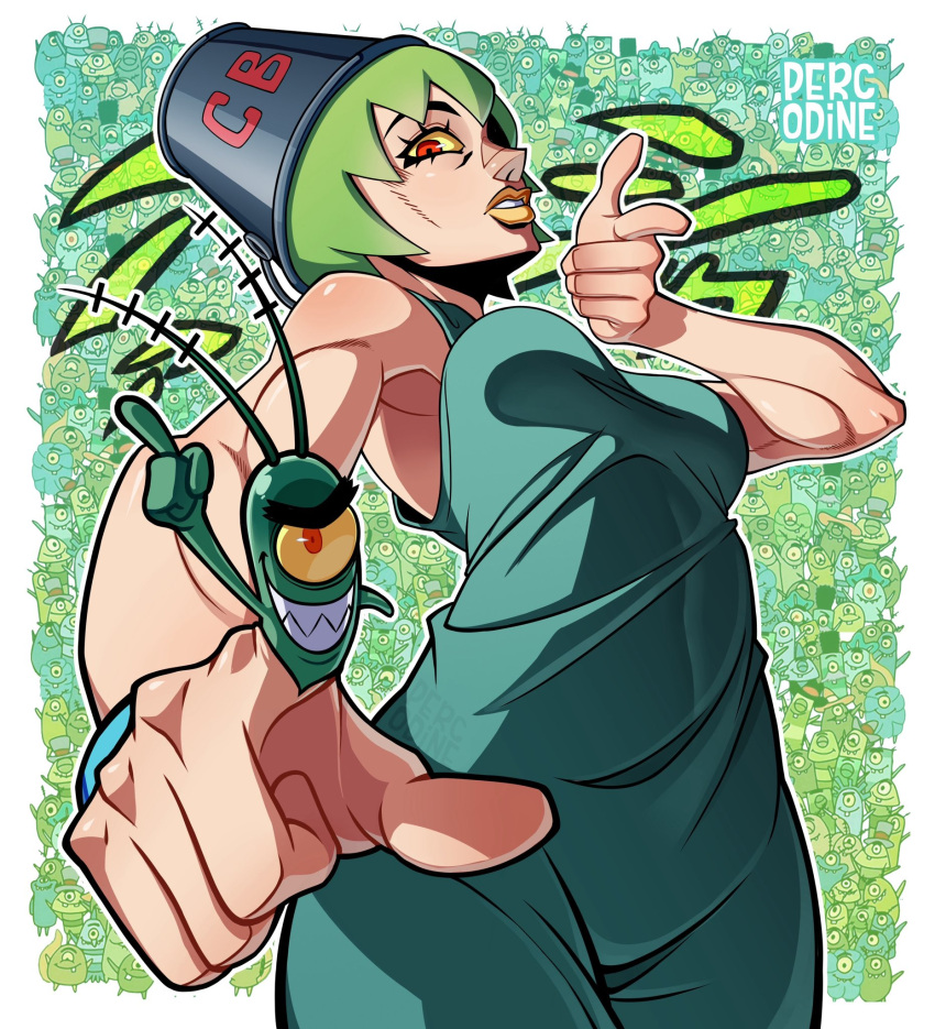 1boy, 1girl, aqua_overalls, artist_name, bucket_hat, colored_sclera, grin, hat