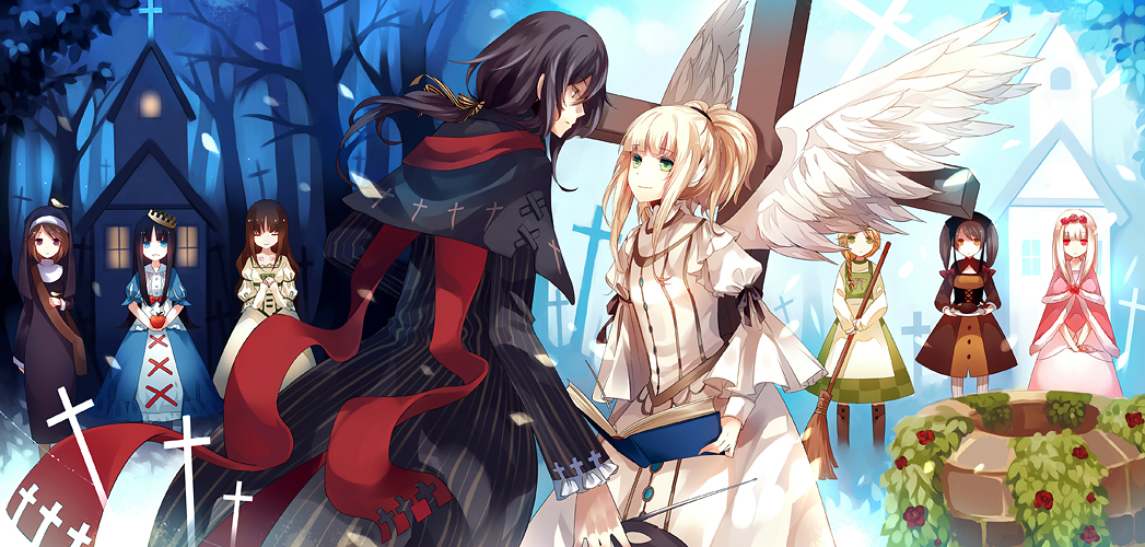 angel_wings, aohigeko, apple, apron, black_hair, blonde_hair, blue_eyes, book