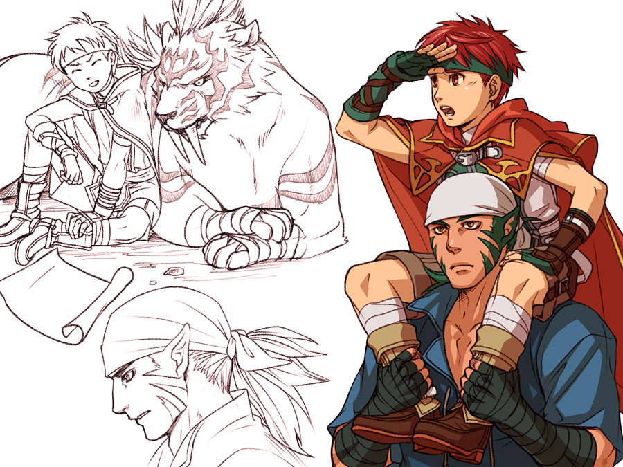 2boys, animal_ears, bandana, cape, carrying, commentary_request, dark-skinned_male, dark_skin