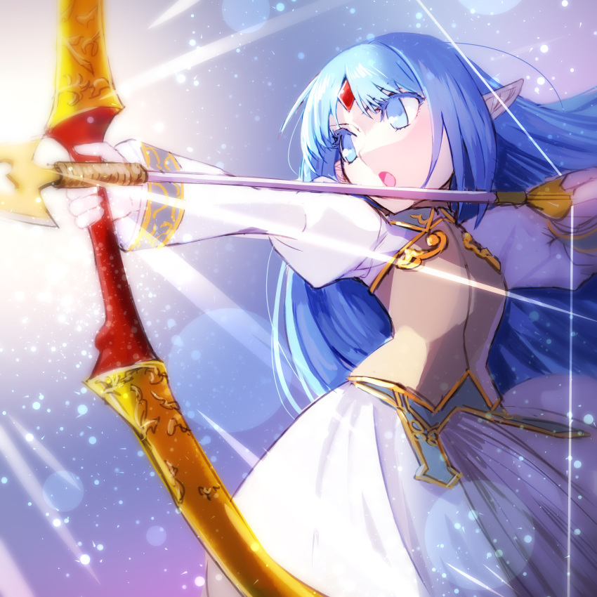 1girl, absurdres, aiming, arrow_(projectile), blue_eyes, blue_hair, bow_(weapon), breasts