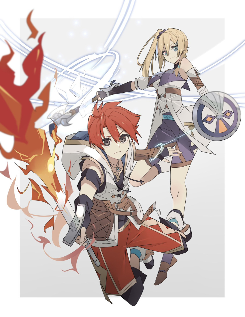 1boy, 1girl, adol_christin, armor, axe, bare_shoulders, battle_axe, blonde_hair, blue_eyes, brown_eyes, buckler, curtained_hair, double-parted_bangs, flaming_sword, flaming_weapon, george_man, gloves, hair_between_eyes, highres, holding, holding_axe, holding_shield, hood, hoodie, jewelry, karja_balta, looking_at_viewer, pendant, redhead, shield, short_hair, side_ponytail, simple_background, spiky_hair, sword, two-tone_background, weapon, white_background, ys, ys_x_nordics