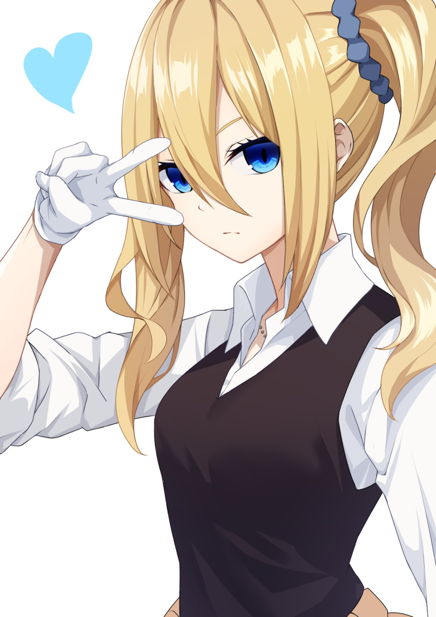1girl, arm_up, blonde_hair, blue_eyes, blue_scrunchie, breasts, clothes_around_waist, collared_shirt