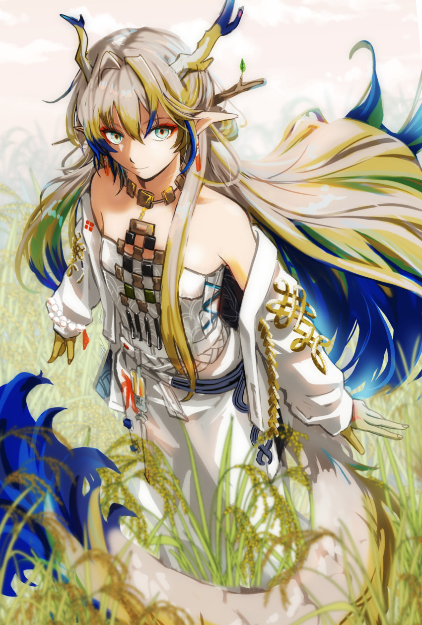 1girl, arknights, bare_shoulders, blonde_hair, blue_eyes, blue_hair, closed_mouth, colored_skin