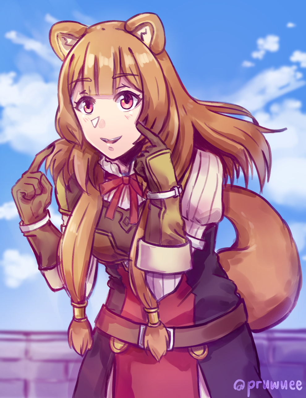 1girl, animal_ear_fluff, animal_ears, armor, artist_name, belt, black_dress, blue_sky