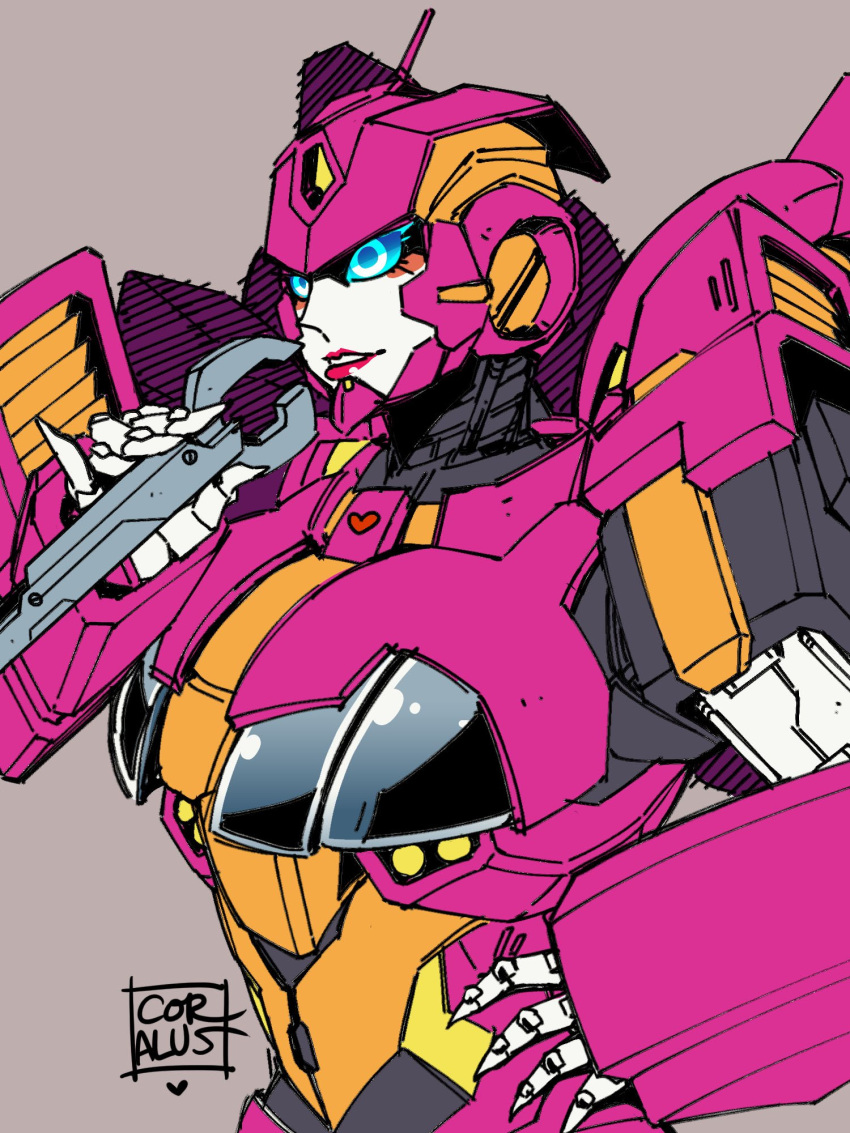 1girl, blue_eyes, breasts, coralus, fingernails, grey_background, hand_on_own_hip, helmet