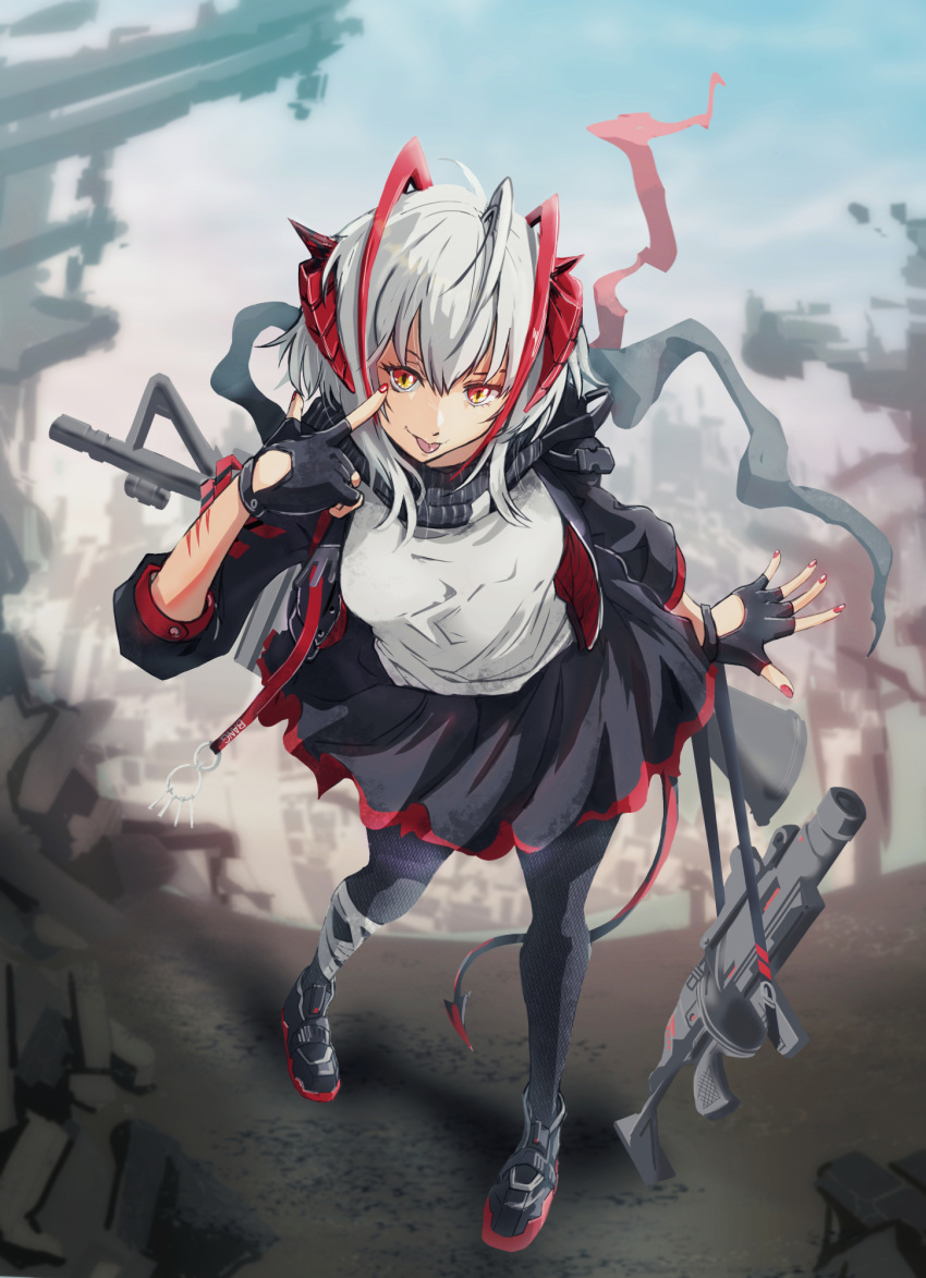 1girl, :p, antenna_hair, antennae, arknights, black_gloves, black_jacket, black_pantyhose
