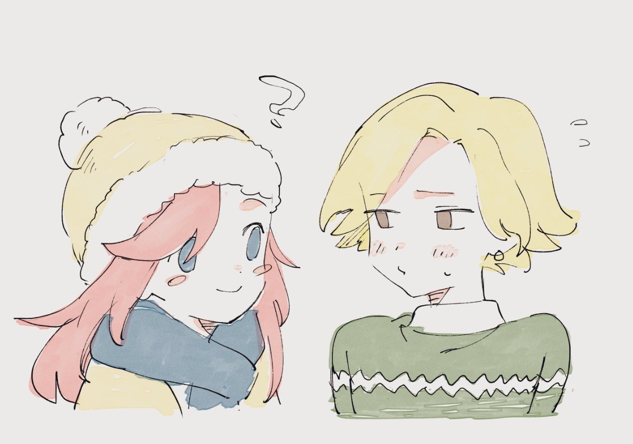 2girls, ?, alternate_costume, alva_(eastward), asymmetrical_bangs, beanie, blonde_hair, blue_eyes
