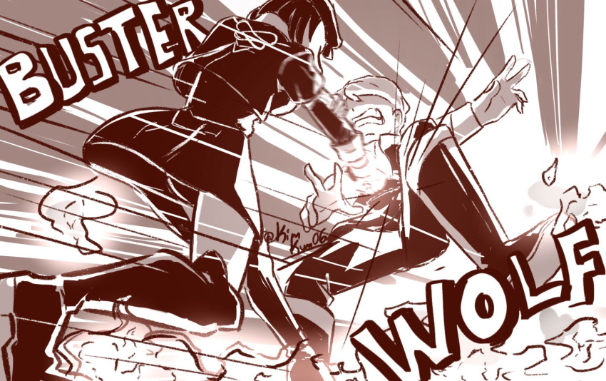 1boy, 1girl, black_coat, black_footwear, black_panties, black_pants, black_skirt, buster_wolf, clenched_teeth, coat, dorothea_arnault, english_commentary, english_text, fatal_fury, ferdinand_von_aegir, fire_emblem, fire_emblem:_three_houses, garreg_mach_monastery_uniform, greyscale, kiora06, launching, long_hair, long_sleeves, monochrome, panties, pants, punching, signature, skirt, teeth, twitter_username, underwear, upskirt