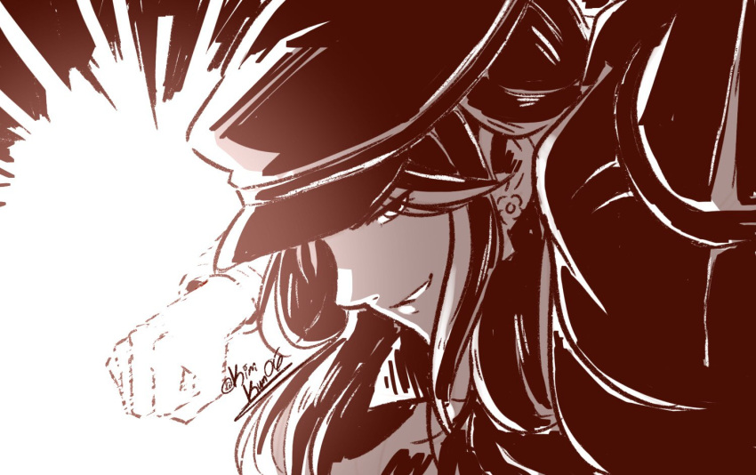 1girl, black_coat, black_hair, black_hat, black_shirt, buster_wolf, clenched_hand, coat, dorothea_arnault, ear_piercing, english_commentary, fatal_fury, fire_emblem, fire_emblem:_three_houses, garreg_mach_monastery_uniform, greyscale, hat, incoming_attack, kiora06, long_hair, long_sleeves, looking_at_viewer, monochrome, piercing, punching, shirt, signature, smile, solo