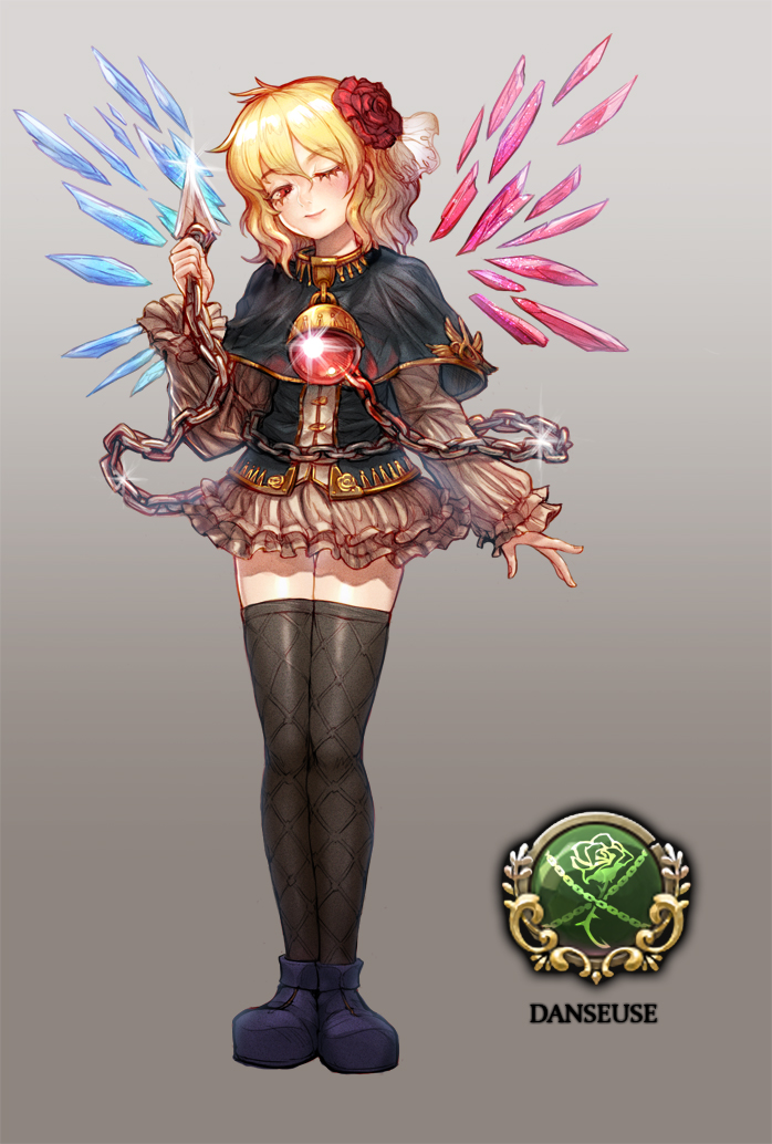 100_percent_orange_juice, 1girl, black_dress, black_thighhighs, blonde_hair, blue_footwear, chain, closed_mouth