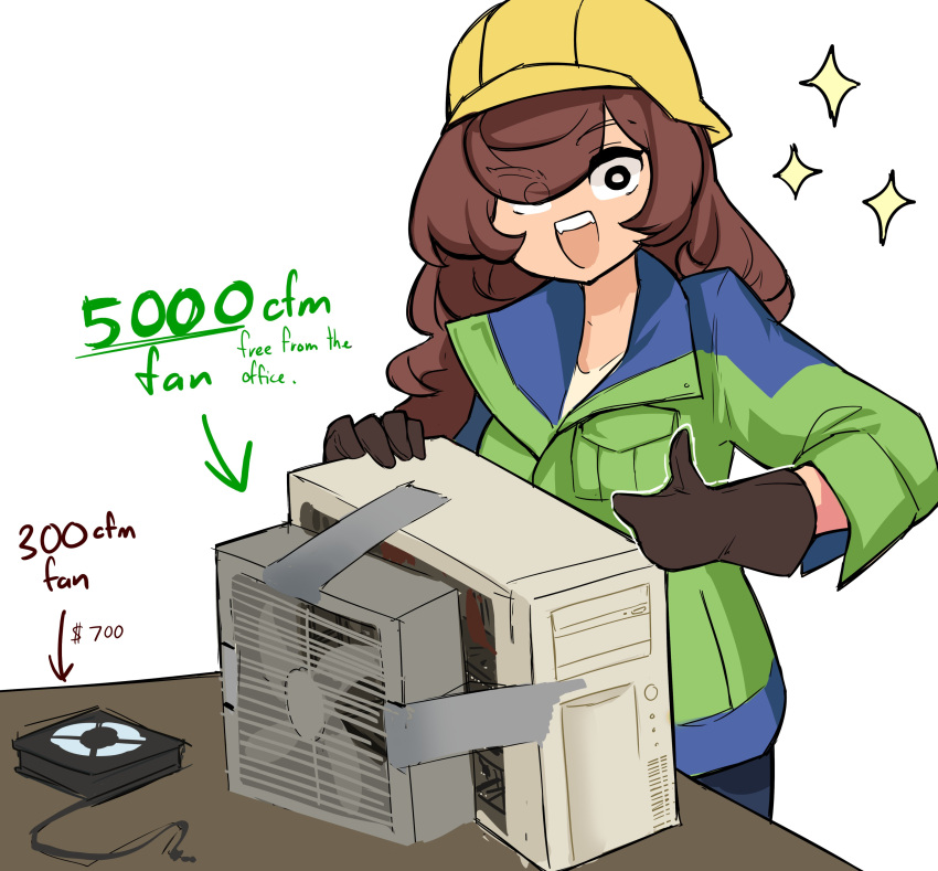 1girl, absurdres, black_eyes, black_gloves, bright_pupils, brown_hair, centurii-chan_(artist), computer, computer_tower, dollar_sign, duct_tape, electric_fan, engineer_(centurii-chan), gloves, green_jacket, hair_over_one_eye, hard_hat, hat, helmet, highres, jacket, long_hair, open_mouth, original, solo, sparkle, table, teeth, thumbs_up, upper_teeth_only, white_pupils, yellow_hat