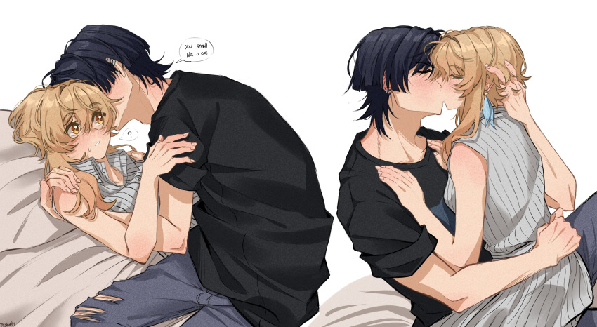 1boy, 1girl, absurdres, alternate_costume, black_hair, black_shirt, blonde_hair, blouse