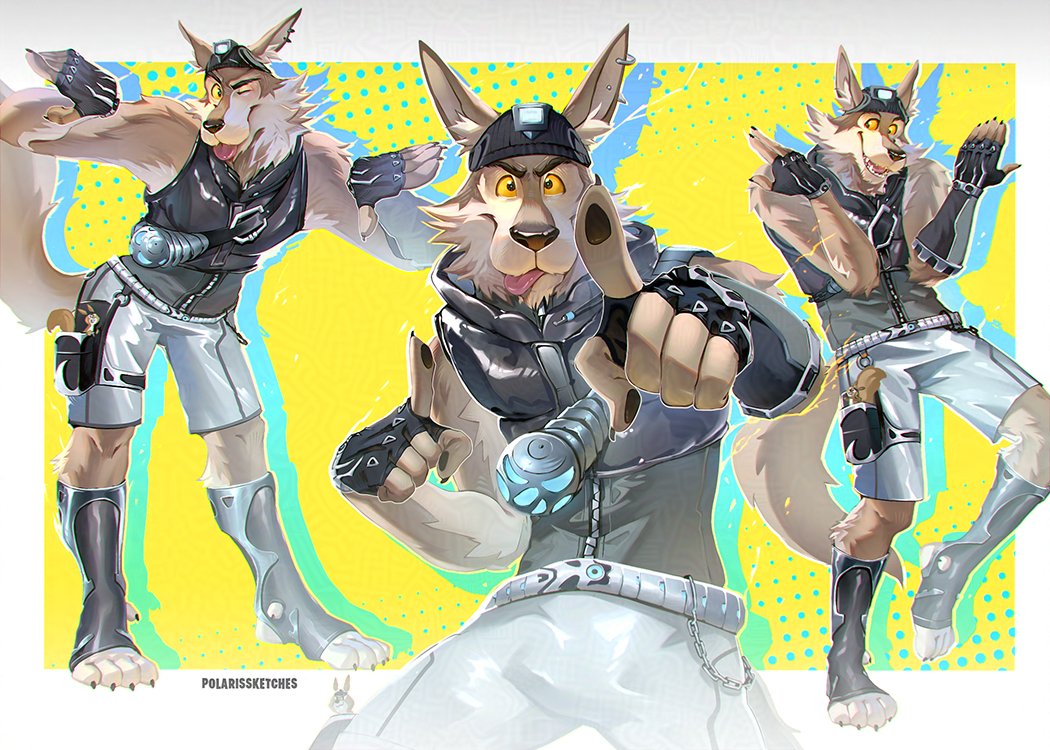 1boy, animal_ears, artist_name, black_gloves, black_hat, claws, colored_sclera, ear_piercing, earrings, english_commentary, fingerless_gloves, fortnite, furry, furry_male, gloves, hat, headlamp, jewelry, koi_dance, looking_at_viewer, looking_to_the_side, male_focus, multiple_views, pawpads, piercing, polarissketches, shorts, tail, wendell_(fortnite), white_shorts, wolf_boy, wolf_ears, wolf_tail, yellow_sclera