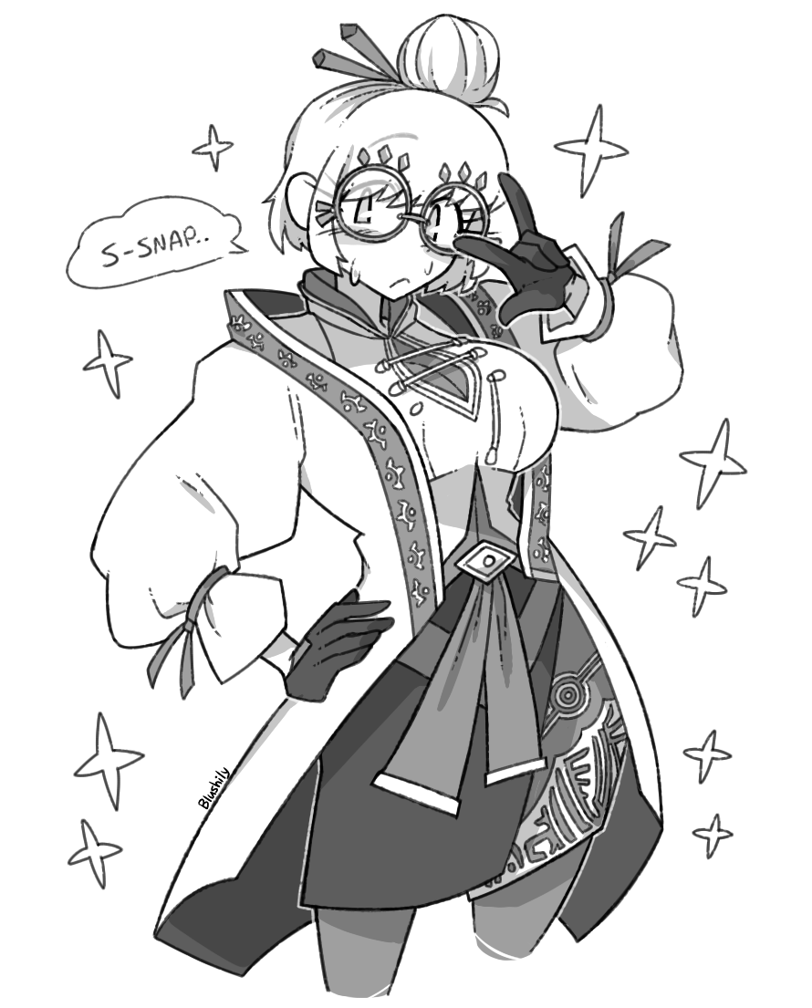 1girl, \m/, blushily, breasts, coat, glasses, gloves, greyscale