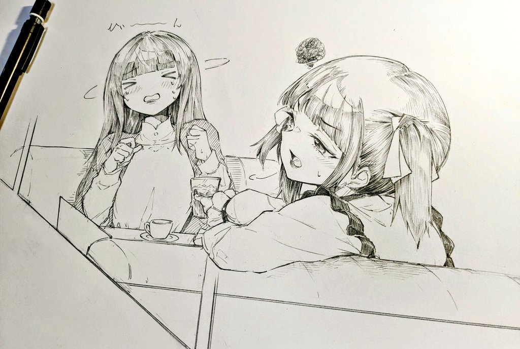 >_<, 2girls, art_tools_in_frame, blunt_bangs, blush, commentary_request, cup, frills