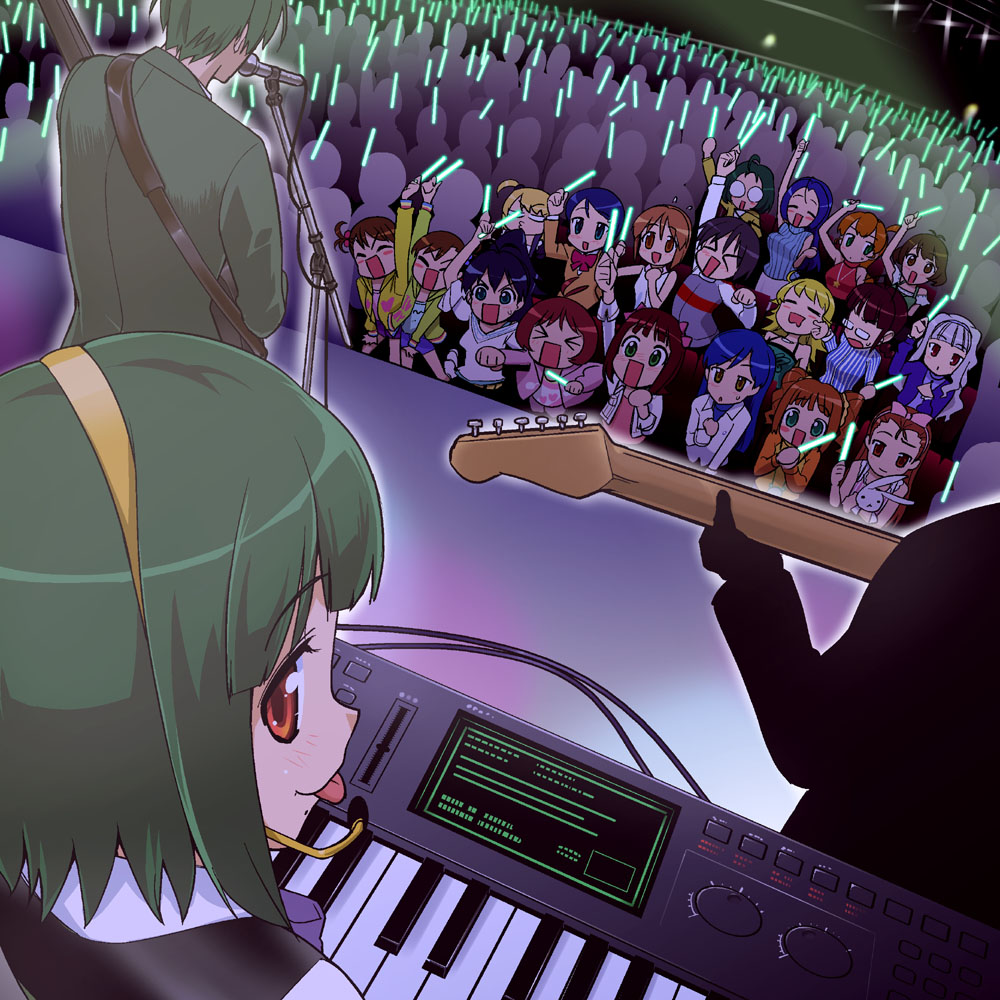 >_<, 6+girls, :d, :p, ahoge, akizuki_ritsuko, akizuki_ryou, amami_haruka, antenna_hair, black_hair, blue_eyes, blue_hair, blush, bow, brown_eyes, brown_hair, cheering, closed_eyes, concert, cousins, dutch_angle, everyone, eyes_closed, from_behind, futami_ami, futami_mami, ganaha_hibiki, glasses, glowstick, green_eyes, green_hair, guitar, hagiwara_yukiho, hair_bow, hairband, headset, hidaka_ai, holding_glowstick, hoshii_miki, idolmaster, idolmaster_dearly_stars, instrument, keyboard_(instrument), kikuchi_makoto, kisaragi_chihaya, long_hair, microphone, microphone_stand, minase_iori, miura_azusa, mizutani_eri, mole, multiple_girls, okamoto_manami, open_mouth, otonashi_kotori, producer_(idolmaster), profile, red_eyes, ribbon, sakurai_yumeko, shijou_takane, short_hair, siblings, side_ponytail, silver_hair, smile, stuffed_animal, stuffed_bunny, stuffed_rabbit, stuffed_toy, suzuki_ayane, sweatdrop, t-hiko, takagi_jun'ichirou, takatsuki_yayoi, tongue, trap, twins, twintails
