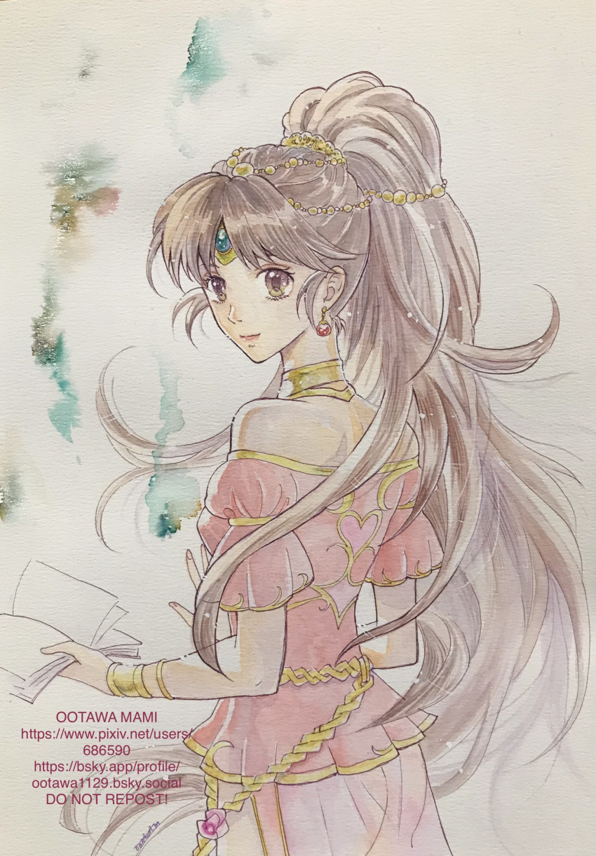 1girl, ass, book, bracelet, brown_eyes, brown_hair, circlet, detached_collar, dress, earrings, fire_emblem, fire_emblem:_shadow_dragon_and_the_blade_of_light, hair_ornament, high_ponytail, highres, holding, holding_book, hoshino_mami, jewelry, linde_(fire_emblem), long_hair, looking_to_the_side, off-shoulder_dress, off_shoulder, painting_(medium), red_dress, see-through_clothes, solo, traditional_media, watercolor_(medium)