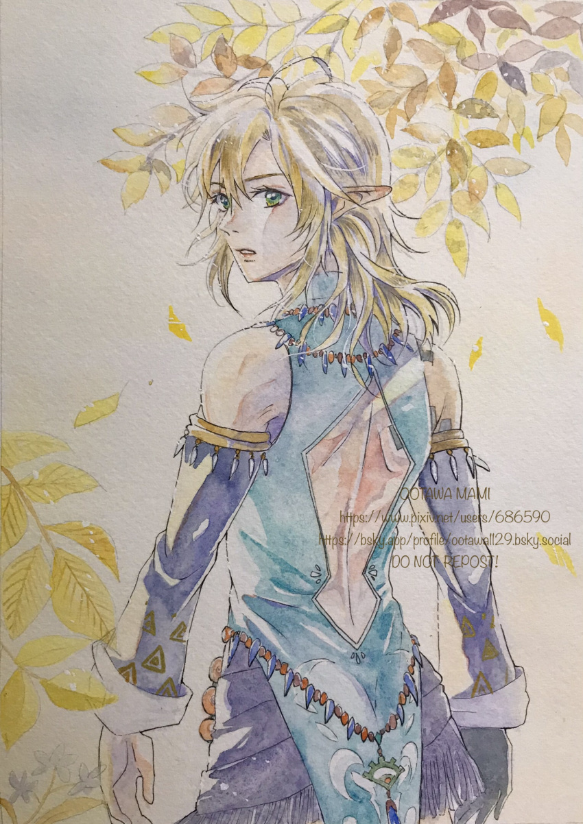 1boy, autumn_leaves, back_cutout, bare_shoulders, blonde_hair, blue_shirt, clothing_cutout, detached_sleeves