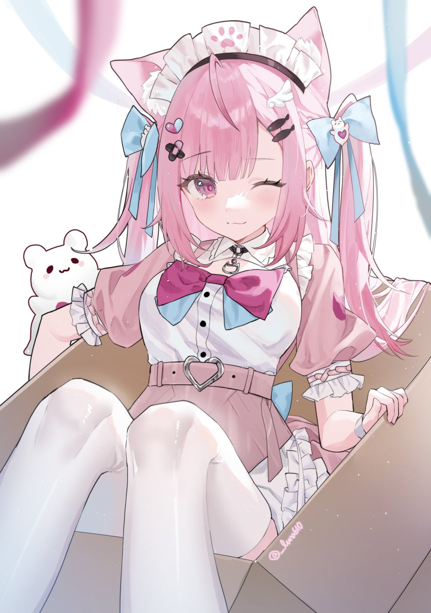 1girl, ahoge, animal_ears, animal_print, apron, aqua_bow, bandaid, bandaid_hair_ornament
