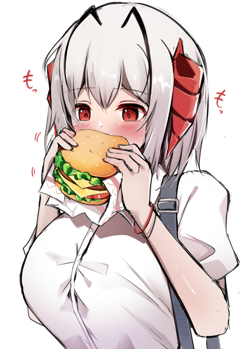 1girl, absurdres, alternate_costume, antennae, arknights, blush, burger, collared_shirt