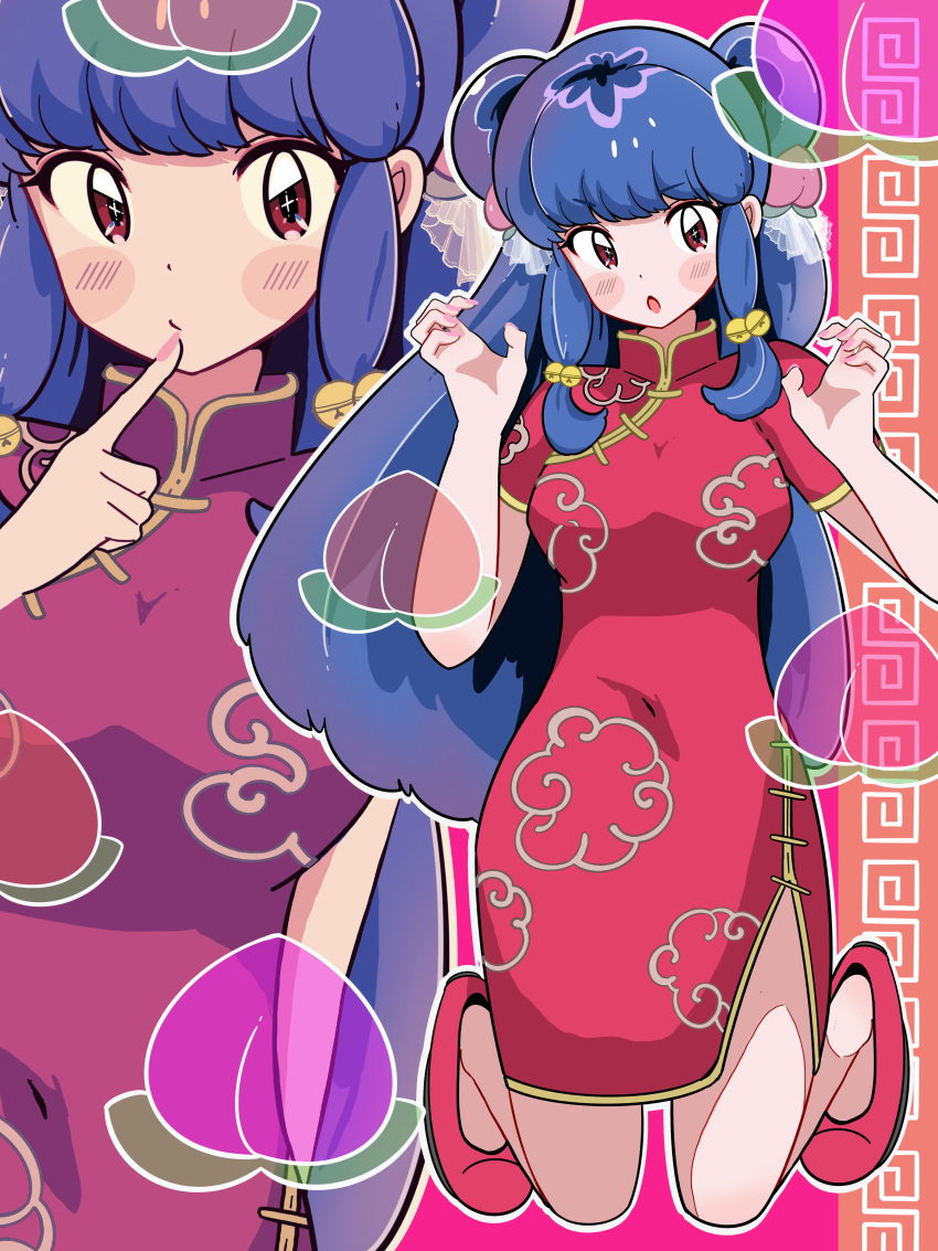 1girl, absurdres, bell, blue_hair, blush_stickers, china_dress, chinese_clothes, commentary