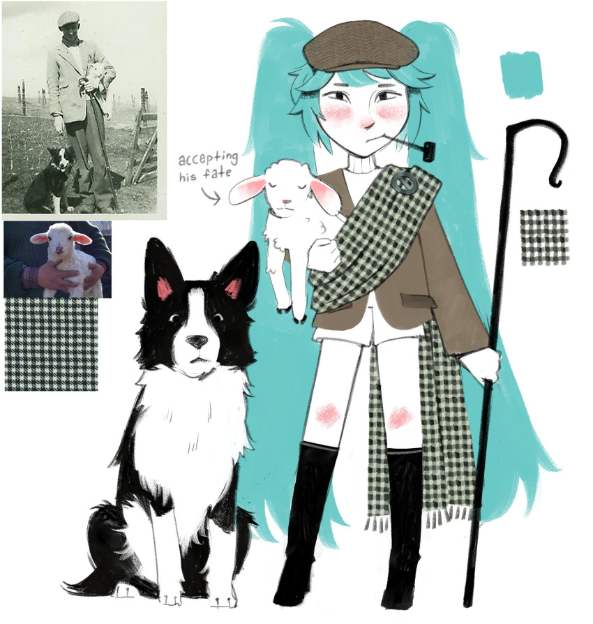 1girl, animal, aqua_eyes, aqua_hair, black_footwear, boots, border_collie, brooch, color_guide, dog, flat_cap, german_shepherd, gingham, gingham_shawl, hat, hatsune_miku, highres, holding, holding_animal, holding_staff, jacket, jewelry, knee_boots, looking_at_viewer, milkghost, patterned_clothing, pipe_in_mouth, real_life_insert, sheep, shepherd's_crook, short_shorts, shorts, smoking_pipe, staff, suit_jacket, sweater, turtleneck, turtleneck_sweater, vocaloid, white_background