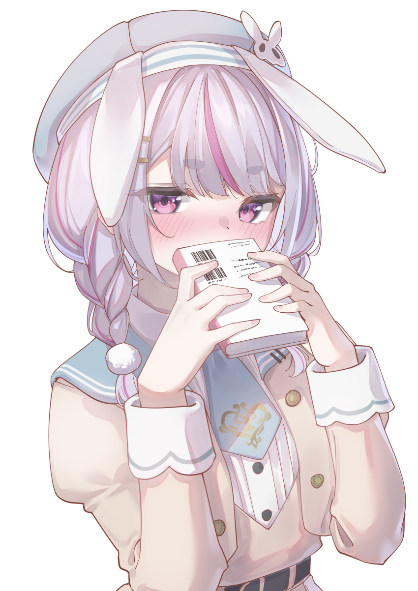 1girl, absurdres, animal_ears, animal_hat, belt, blue_necktie, blush, book, braid, buttons, cattleya_regina_games, collared_shirt, covering_own_mouth, cropped_jacket, double-breasted, fake_animal_ears, grey_hair, hair_ornament, hairclip, hat, hat_flaps, hat_ornament, highres, holding, holding_book, juliet_sleeves, kurumi_tsuchi, layered_clothes, long_sleeves, looking_at_viewer, multicolored_hair, necktie, parted_bangs, pink_eyes, pink_nails, pom_pom_(clothes), pom_pom_hair_ornament, puffy_sleeves, rabbit_hat, rabbit_hat_ornament, ribbed_shirt, sailor_collar, shirt, short_necktie, simple_background, sleeve_cuffs, solo, streaked_hair, thick_eyebrows, tosaki_mimi, tosaki_mimi_(5th_costume), twin_braids, upper_body, virtual_youtuber, vspo!, white_background, white_shirt