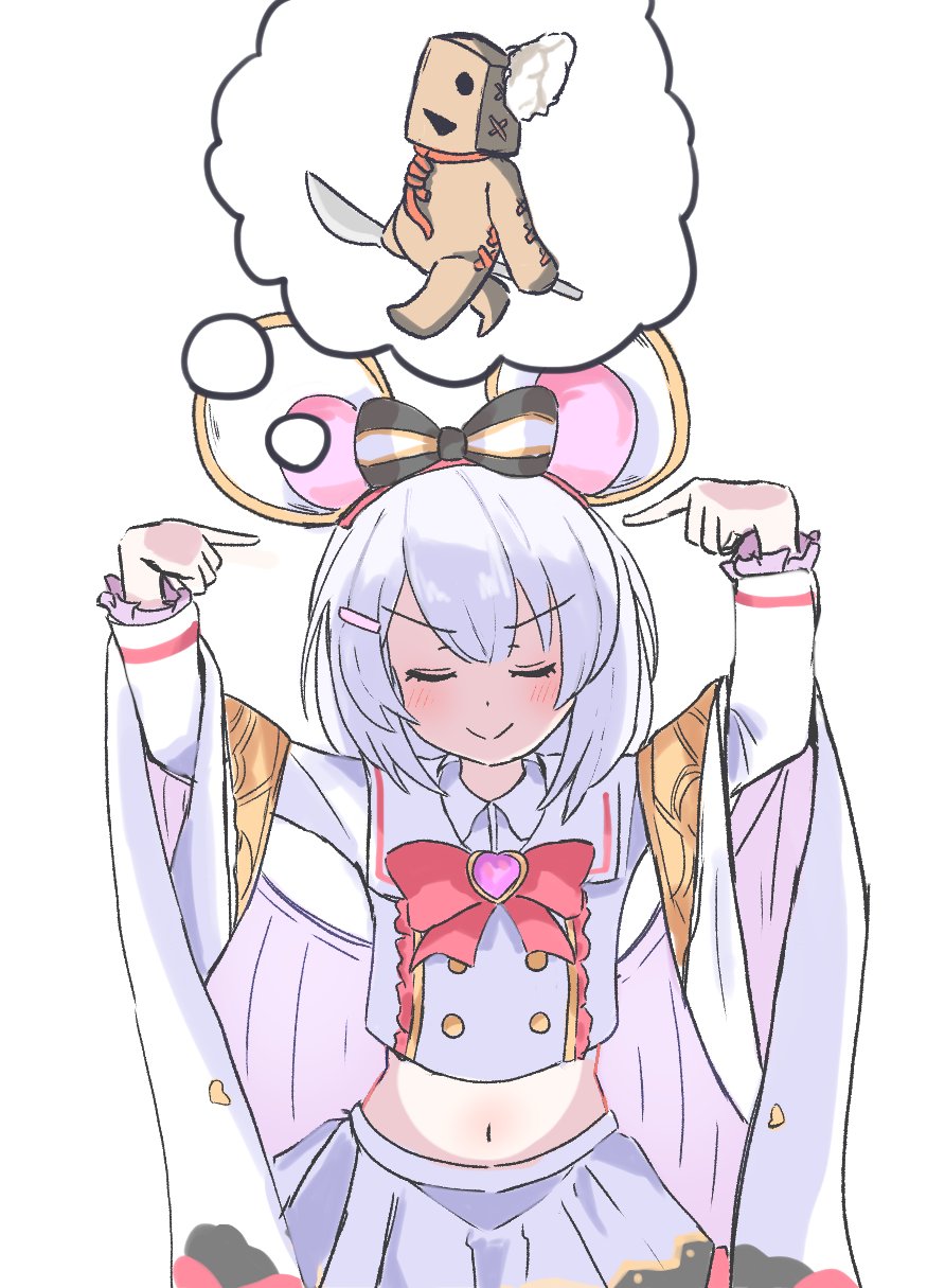 1girl, animal_ears, brooch, closed_eyes, granblue_fantasy, guilty_gear, guilty_gear_strive, hair_ornament, heart, heart_brooch, highres, jewelry, mouse_ears, navel, riannn_desu, simple_background, skirt, smile, stomach, stuffed_toy, thinking, vikala_(granblue_fantasy), white_background, white_skirt, white_sleeves