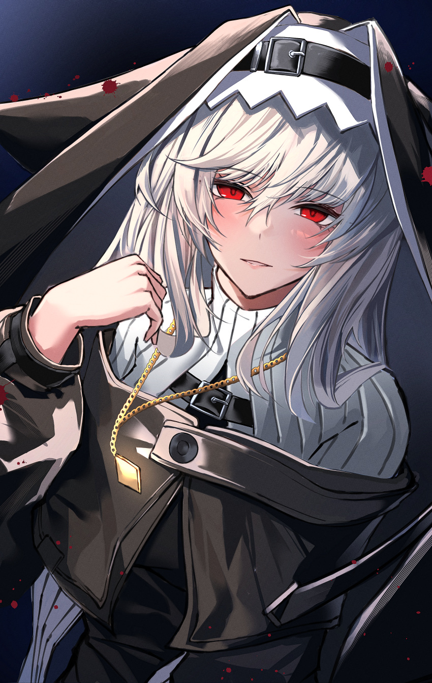 1girl, absurdres, arknights, black_dress, blush, breasts, coif, dress