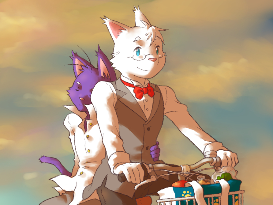 2boys, ahoge, animal_ears, bicycle, black_pants, bow, bowtie, cat_boy