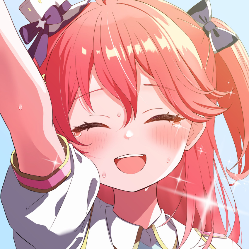 123haruno_oto, 1girl, ahoge, arm_up, blue_bow, bow, closed_eyes, crying, hair_bow, happy_tears, hat, highres, hololive, hololive_idol_uniform_(bright), idol_clothes, long_hair, mini_hat, official_alternate_costume, one_side_up, open_mouth, pink_hair, puffy_short_sleeves, puffy_sleeves, sakura_miko, short_sleeves, solo, sparkle, sweat, tears, teeth, upper_teeth_only
