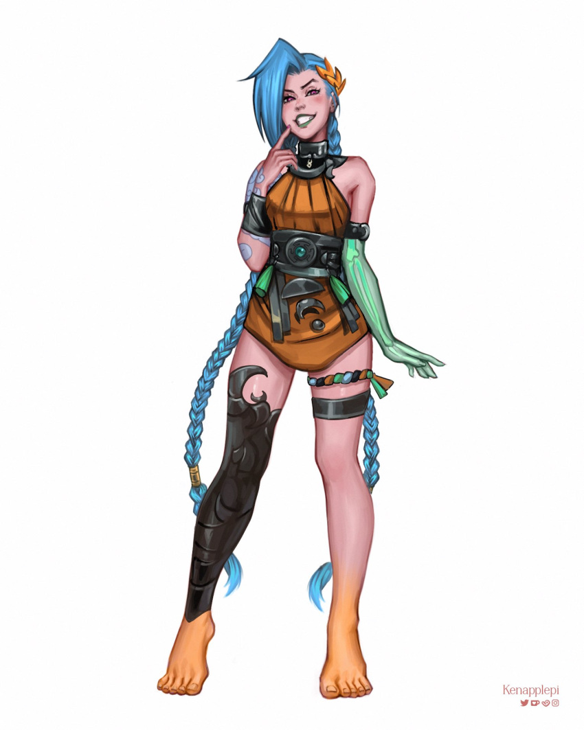 1girl, ancient_greek_clothes, artist_name, asymmetrical_bangs, bare_shoulders, barefoot, blue_hair, braid, cloud_tattoo, colored_skin, cosplay, dress, greco-roman_clothes, grin, hades_(series), hades_2, hand_up, highres, jinx_(league_of_legends), kenapplepi, laurel_crown, league_of_legends, long_hair, looking_at_viewer, melinoe_(hades), melinoe_(hades)_(cosplay), orange_dress, orange_skin, short_hair, smile, solo, standing, tattoo, teeth, twin_braids, twintails