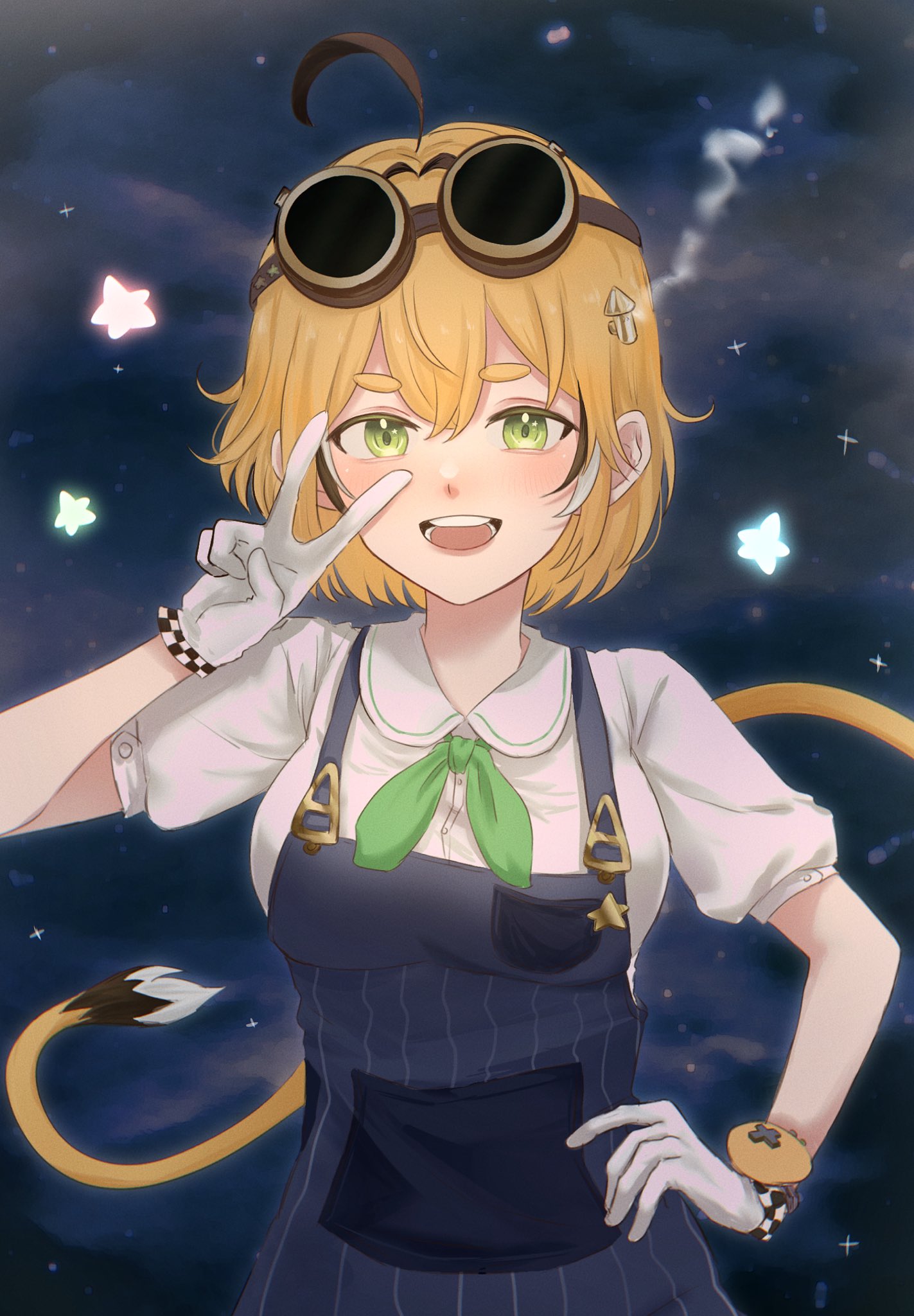 1girl, :d, ahoge, blonde_hair, blue_overalls, breasts, commentary, dooby_(vtuber)