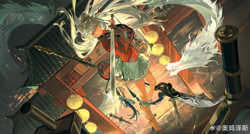>:), 1girl, absurdres, ankle_bell, aojizesi, asymmetrical_dual_wielding, bare_legs, barefoot