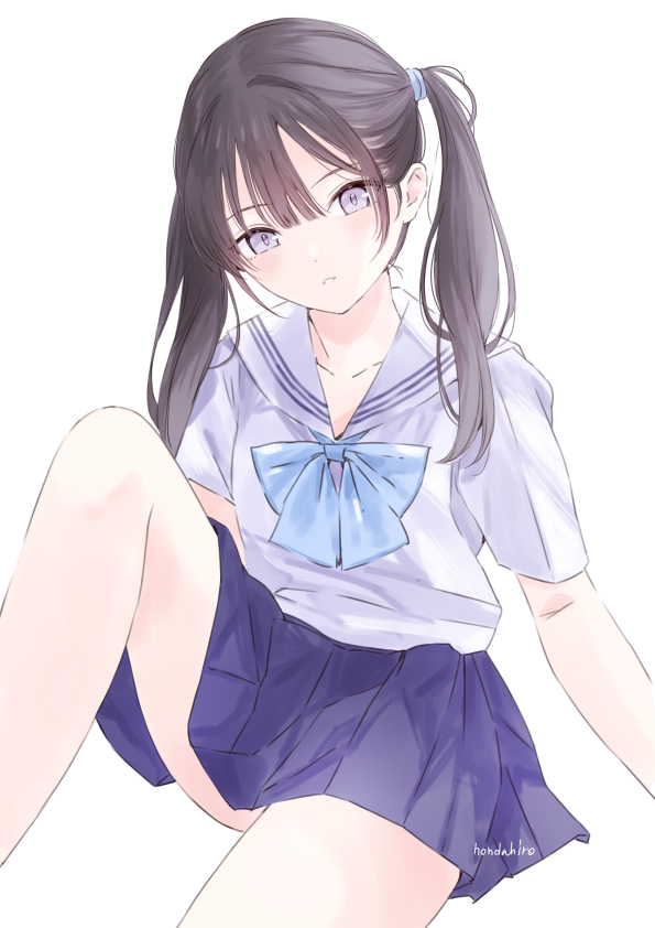 1girl, black_hair, blue_ribbon, blue_skirt, blush, collarbone, grey_eyes, hondahiro