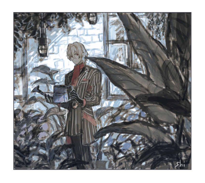 1boy, antonio_salieri_(fate), antonio_salieri_(second_ascension)_(fate), ascot, black_gloves, black_pants, brick_wall, closed_mouth