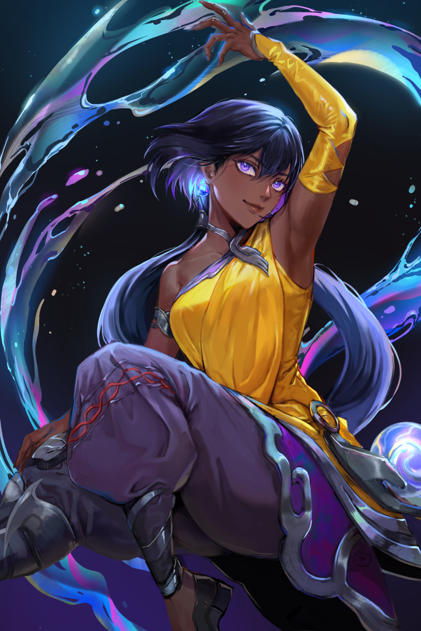 1girl, arm_up, armpits, black_hair, black_pants, blue_eyes, dark-skinned_female, dark_skin, detached_sleeves, dress, earrings, highres, jewelry, league_of_legends, long_hair, low_twintails, nilah_(league_of_legends), nyaamen_fork, pants, pink_eyes, single_bare_shoulder, twintails, yellow_dress