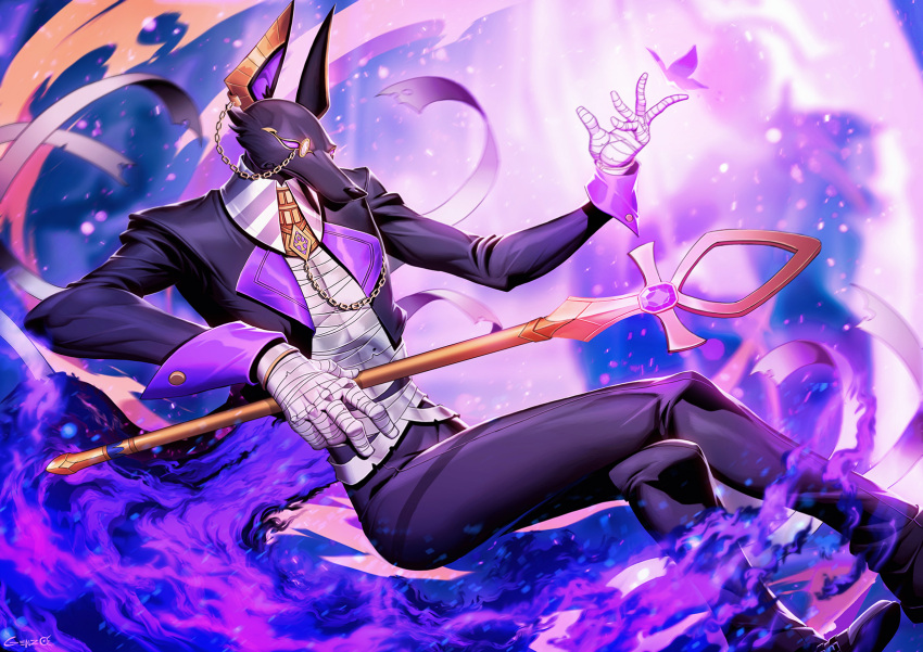 1boy, animal_ears, ankh, bandaged_hand, bandaged_torso, bandages, black_coat, black_pants