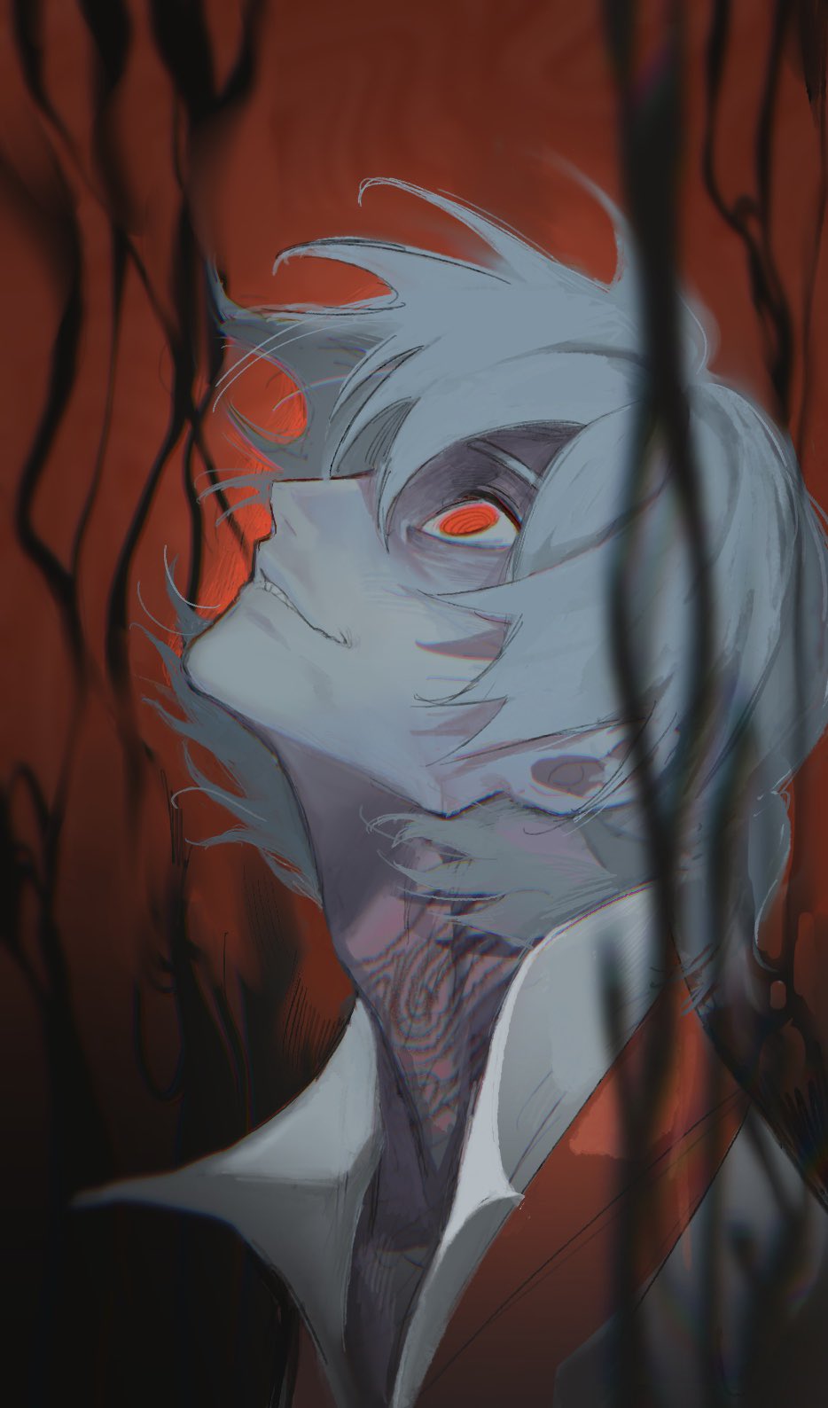 1boy, @_@, antonio_salieri_(fate), antonio_salieri_(second_ascension)_(fate), chromatic_aberration, collared_shirt, fate/grand_order, fate_(series), from_side, glowing, glowing_eyes, grey_hair, hair_between_eyes, half_updo, highres, looking_up, male_focus, open_collar, pale_skin, portrait, profile, red_background, red_eyes, scar, scar_on_neck, sharp_teeth, shirt, short_hair, simple_background, smirk, solo, takustorage, teeth, white_shirt