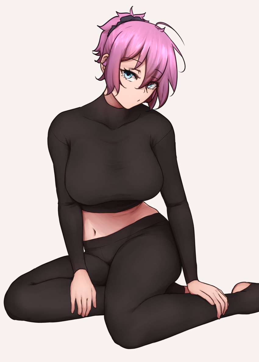 1girl, ahoge, alternate_costume, aoba_(kancolle), black_pants, black_scrunchie, black_shirt, breasts