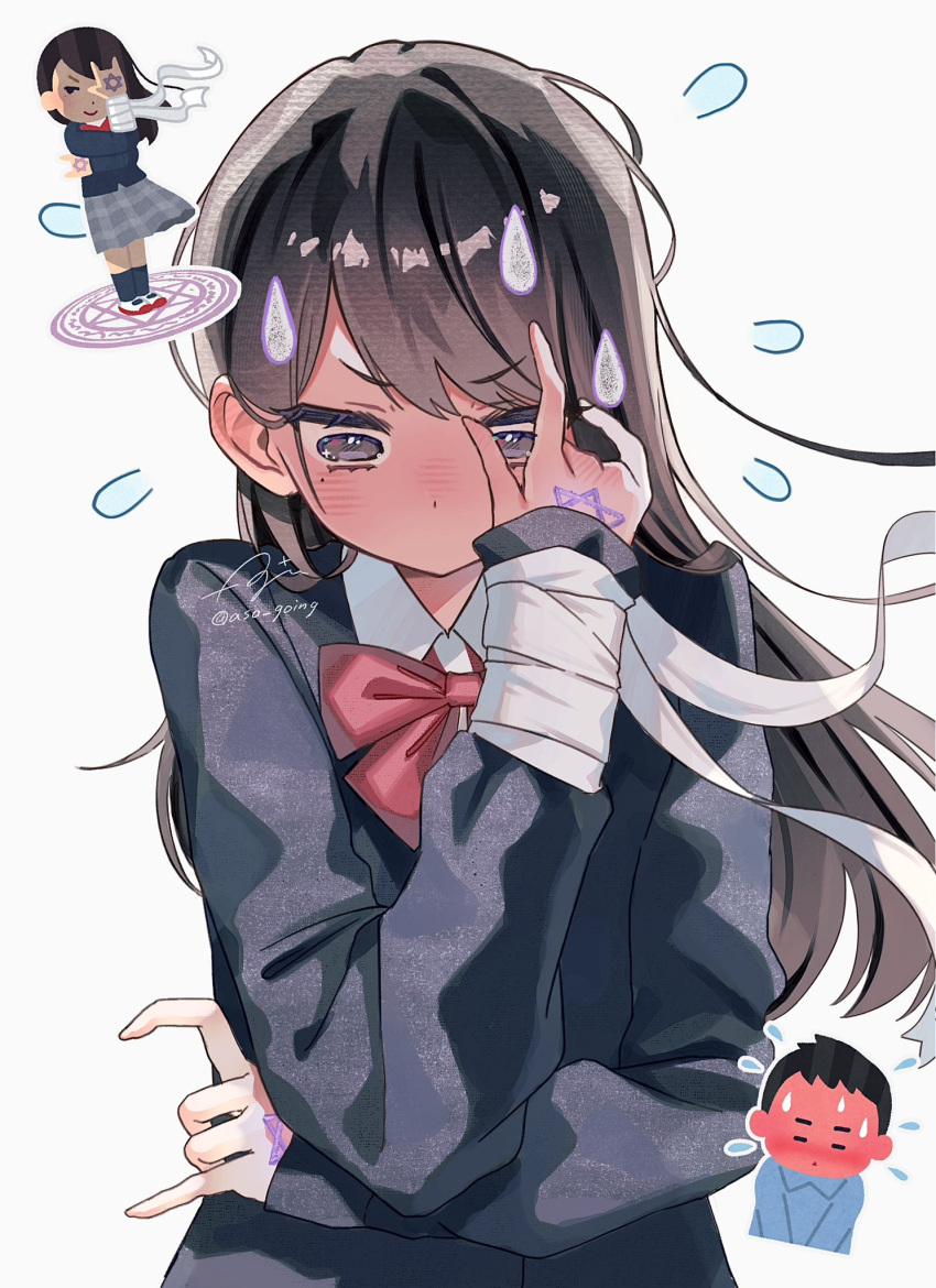 1girl, asa_going, bandaged_wrist, bandages, black_eyes, black_hair, blue_jacket, blush